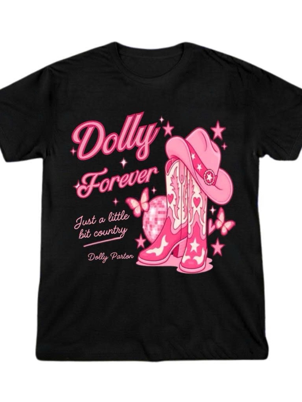 Dolly Parton Forever Black T-Shirt with Pink Cowboy Graphic